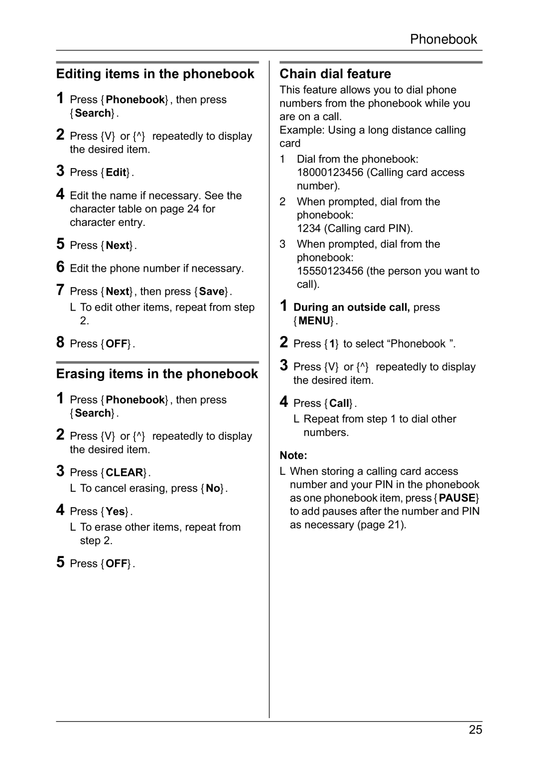 Panasonic KX-TG2432NZ, KX-TG2431NZ Editing items in the phonebook, Erasing items in the phonebook, Chain dial feature 