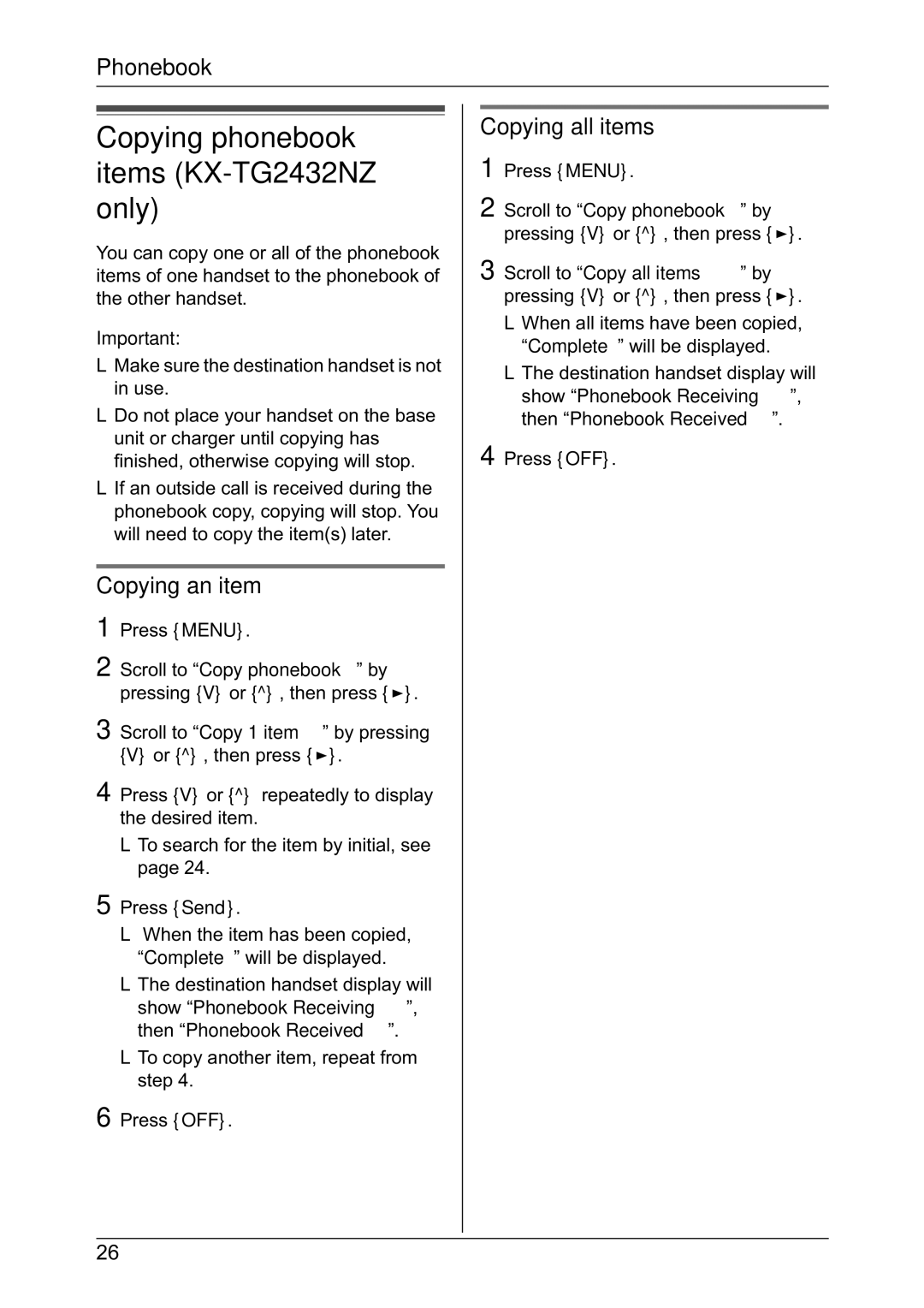 Panasonic KX-TG2431NZ operating instructions Copying phonebook items KX-TG2432NZ only, Copying an item, Copying all items 