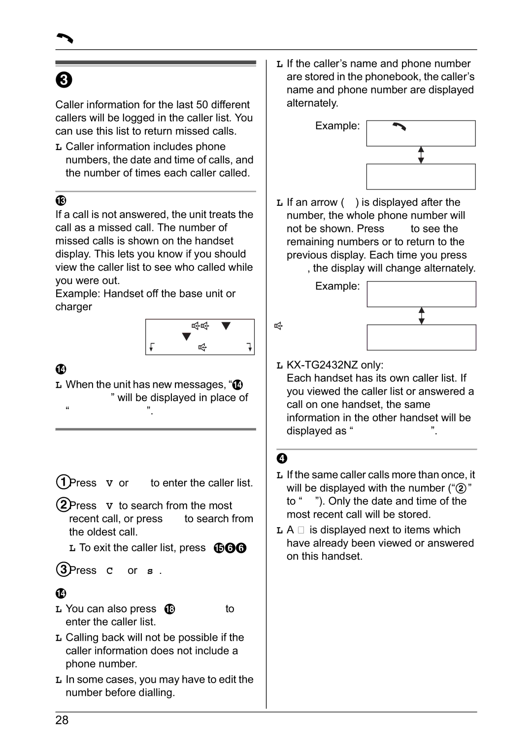 Panasonic KX-TG2431NZ Caller list, Viewing the caller list and calling back, Missed Calls Rcvd Phone Kcalls Book L 