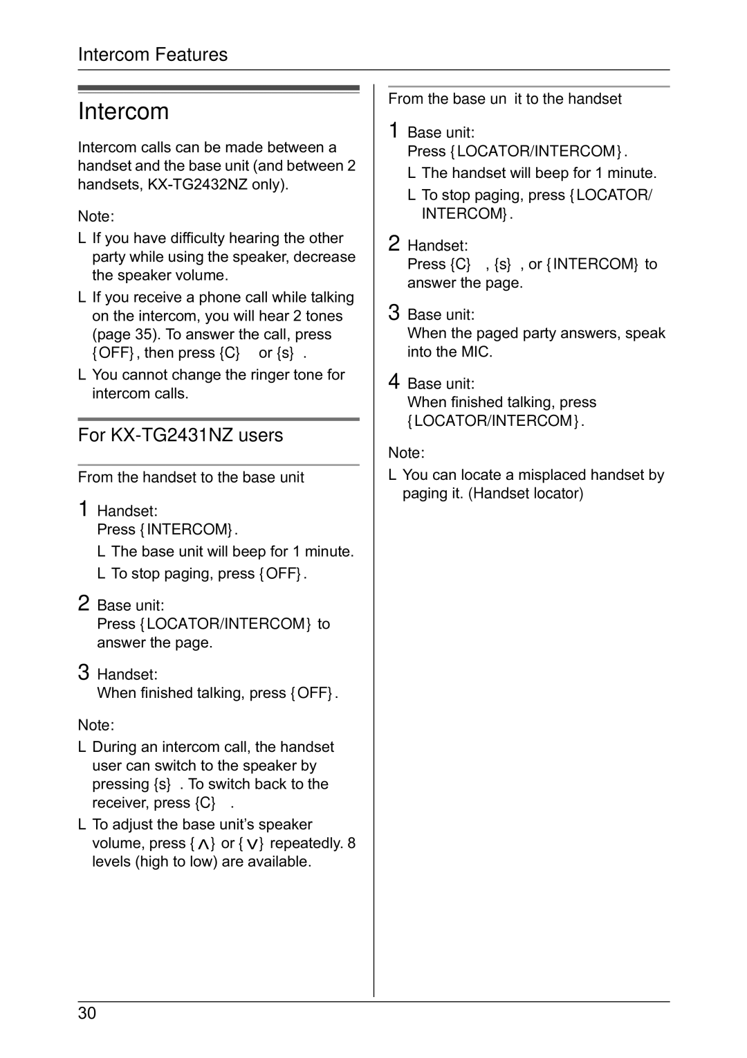 Panasonic KX-TG2432NZ operating instructions Intercom, For KX-TG2431NZ users, From the handset to the base unit Handset 