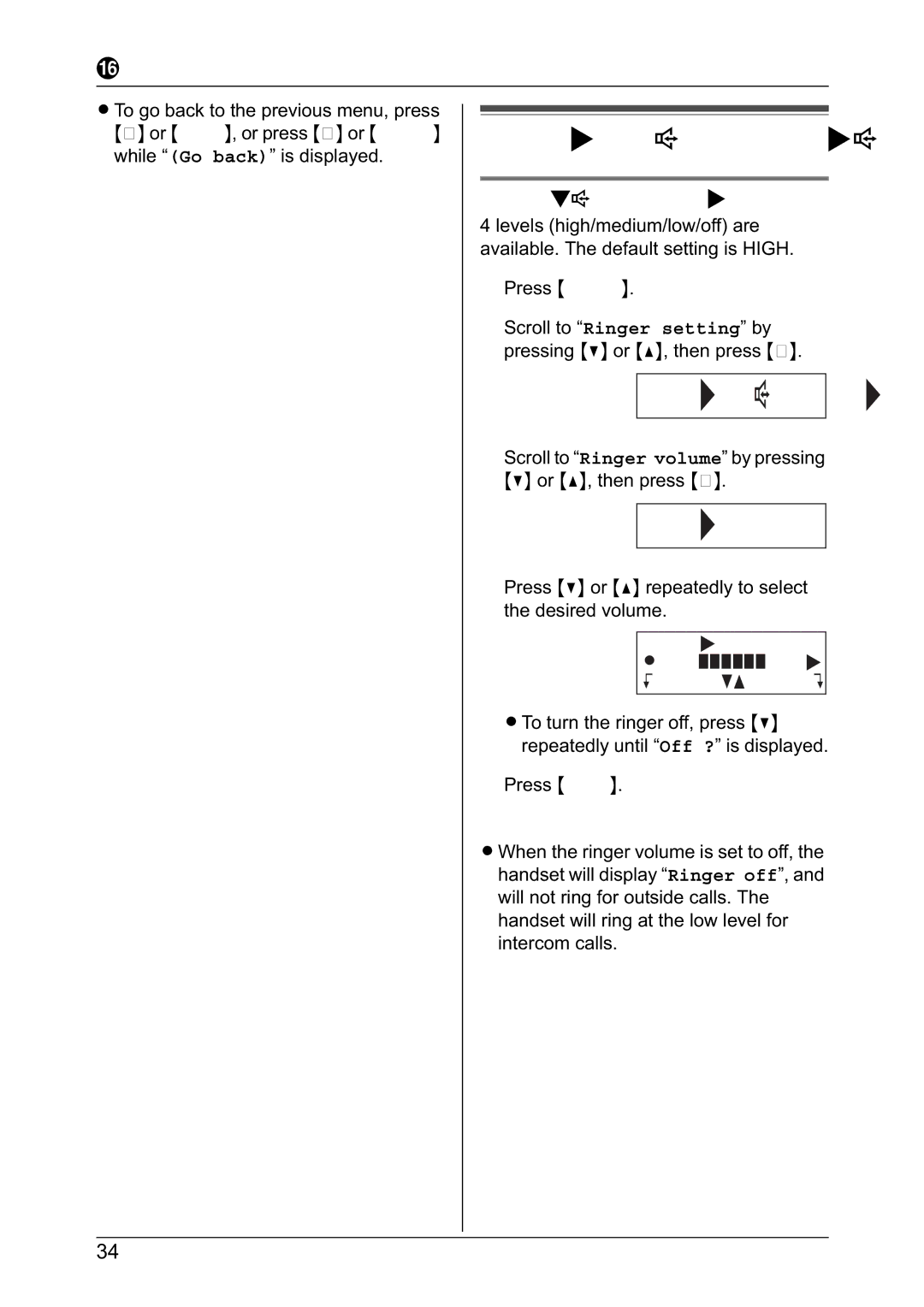 Panasonic KX-TG2431NZ, KX-TG2432NZ Ringer settings, Handset ringer volume, Ringer volume Low High KBack dB SaveL 