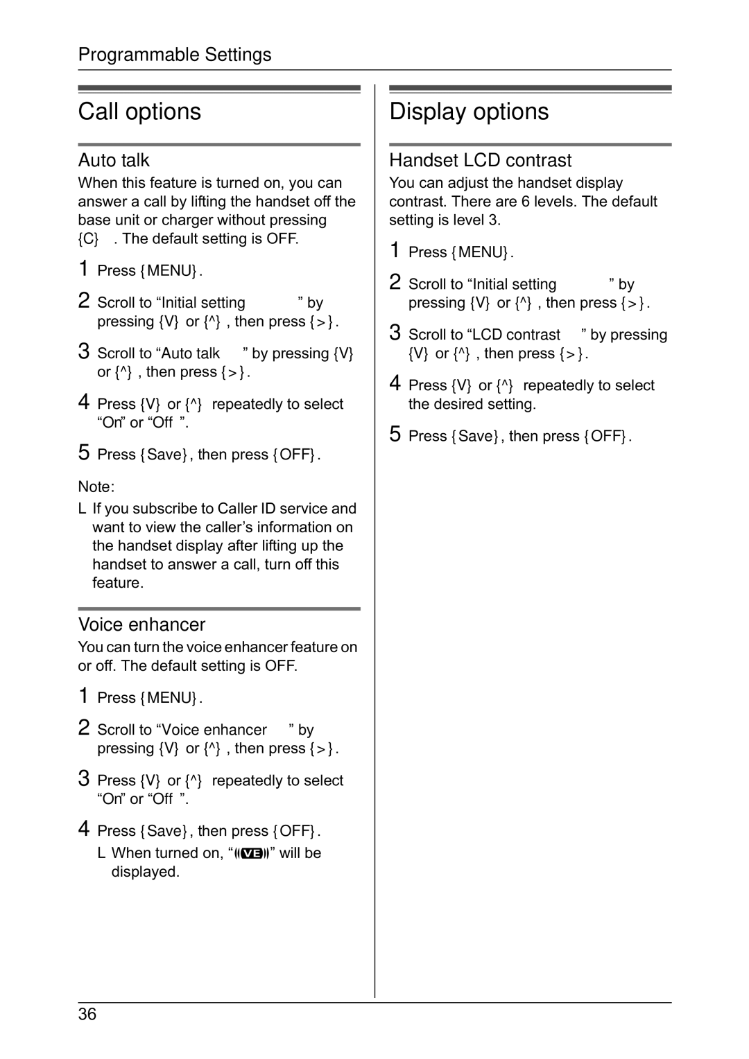 Panasonic KX-TG2431NZ, KX-TG2432NZ operating instructions Call options, Display options, Auto talk, Handset LCD contrast 