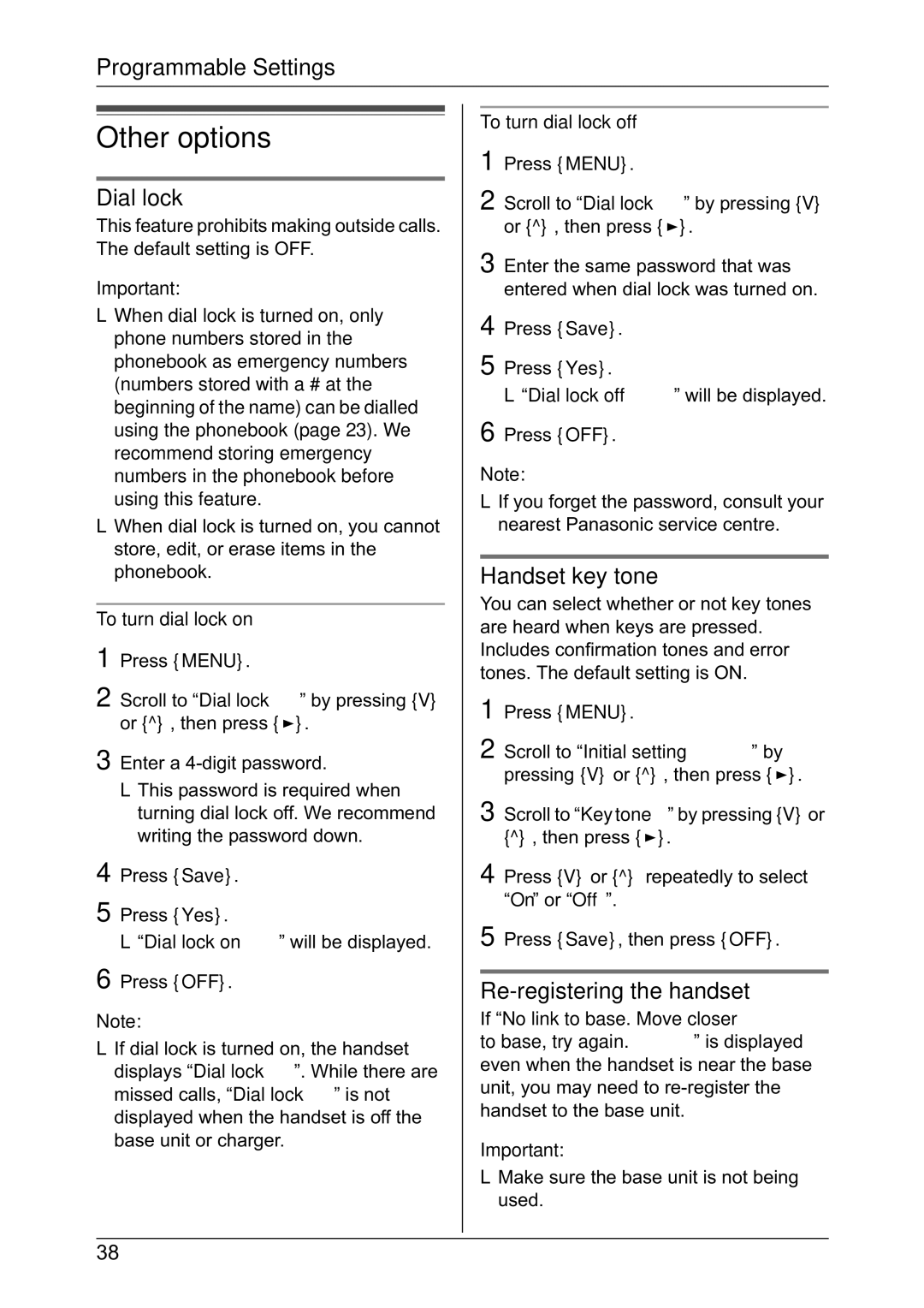 Panasonic KX-TG2431NZ, KX-TG2432NZ Other options, Dial lock, Handset key tone, Re-registering the handset 