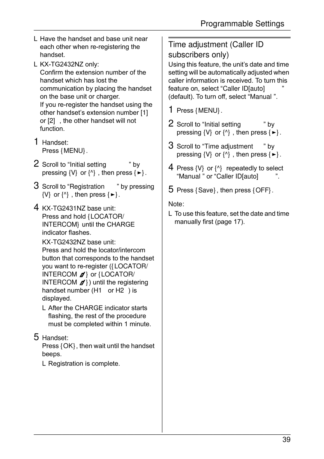 Panasonic KX-TG2431NZ operating instructions Time adjustment Caller ID subscribers only, KX-TG2432NZ base unit 