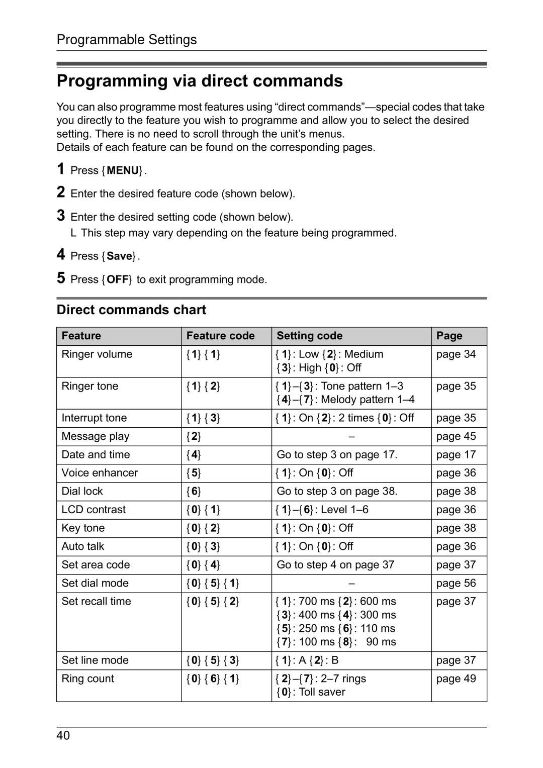 Panasonic KX-TG2431NZ Programming via direct commands, Direct commands chart, Feature Feature code Setting code 