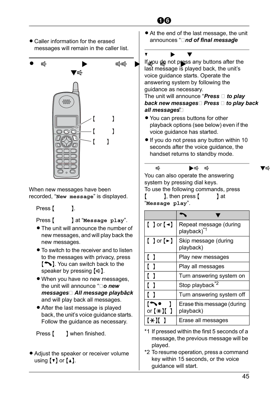 Panasonic KX-TG2432NZ Listening to messages using the handset, Voice guidance, Answering system commands, Key Command 