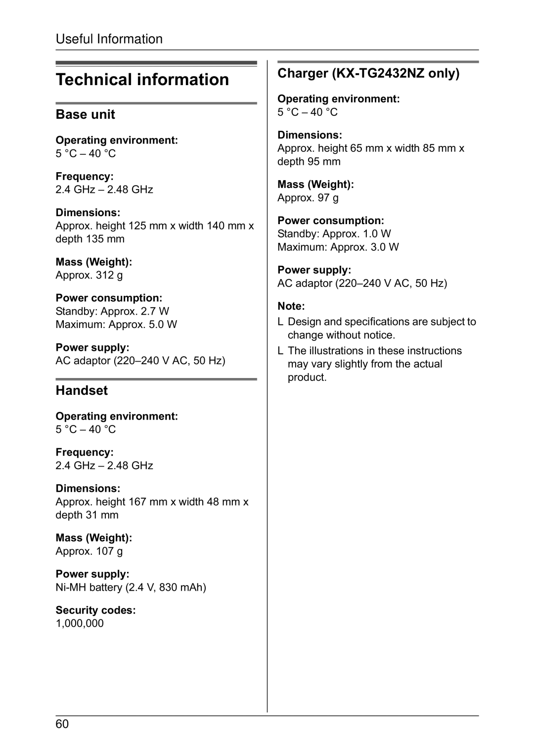 Panasonic KX-TG2431NZ, KX-TG2432NZ operating instructions Technical information, Handset 