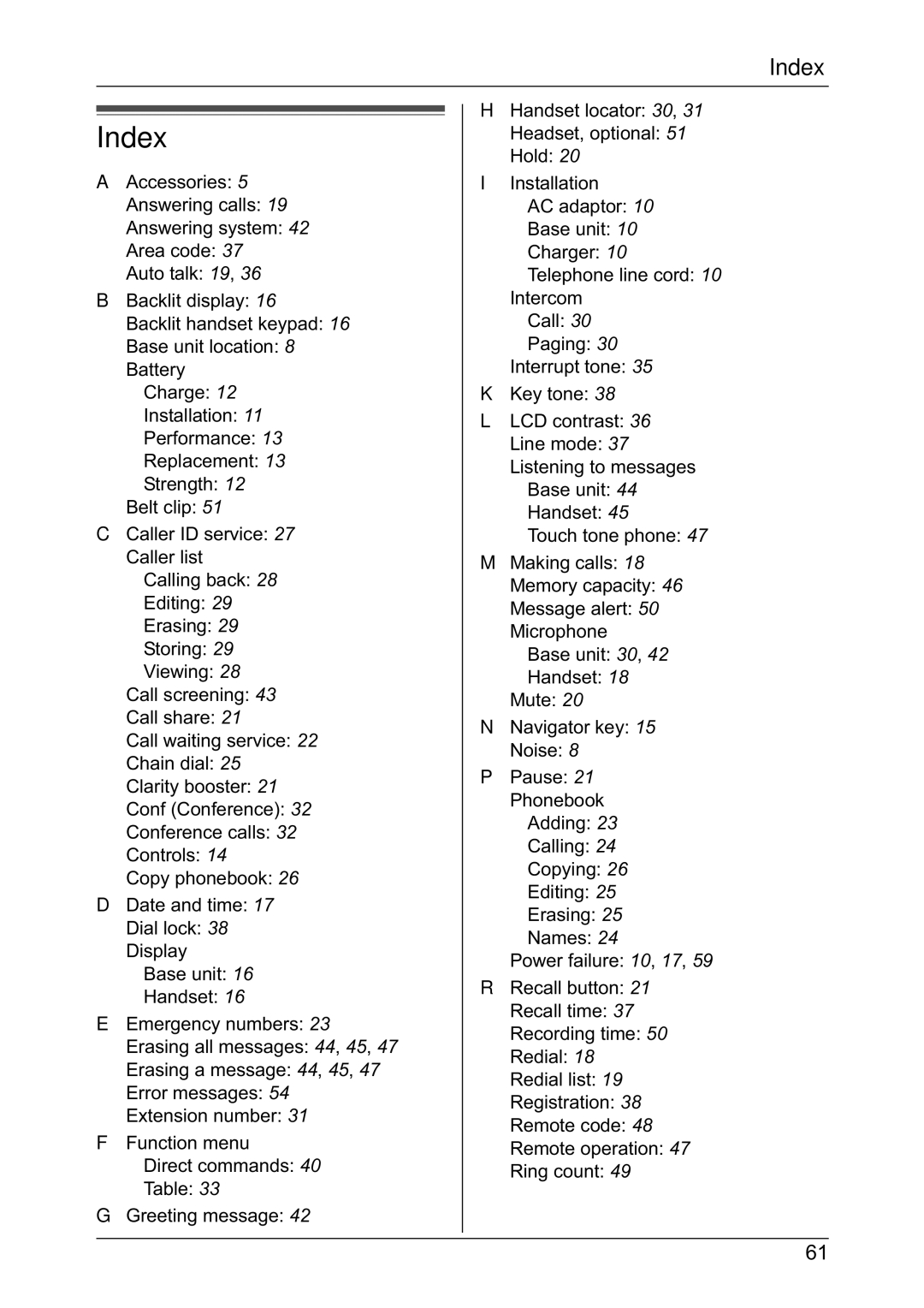 Panasonic KX-TG2432NZ, KX-TG2431NZ operating instructions Index 