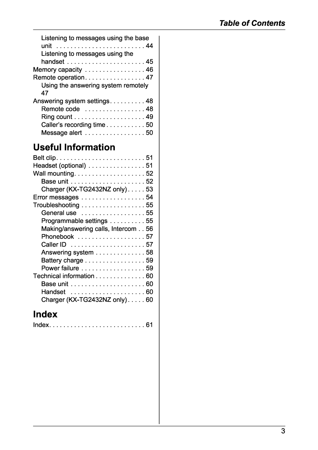 Panasonic KX-TG2432NZ, KX-TG2431NZ operating instructions Useful Information, Index, Table of Contents 