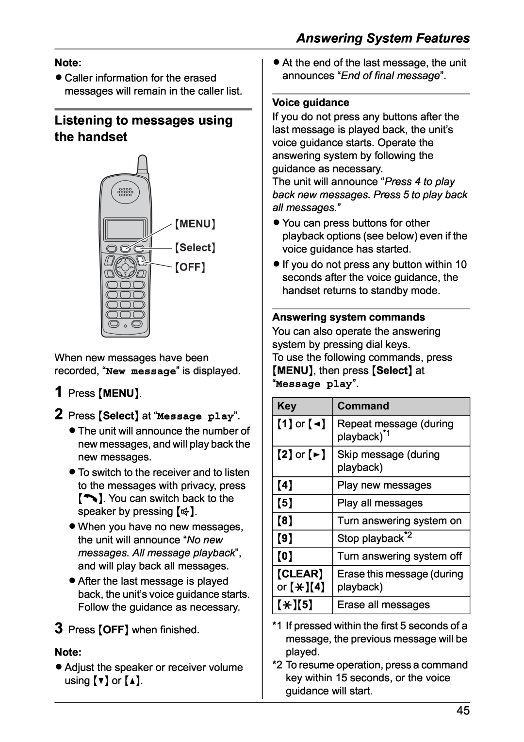 Panasonic KX-TG2432NZ Listening to messages using the handset, Menu, Select OFF, Voice guidance, Answering system commands 