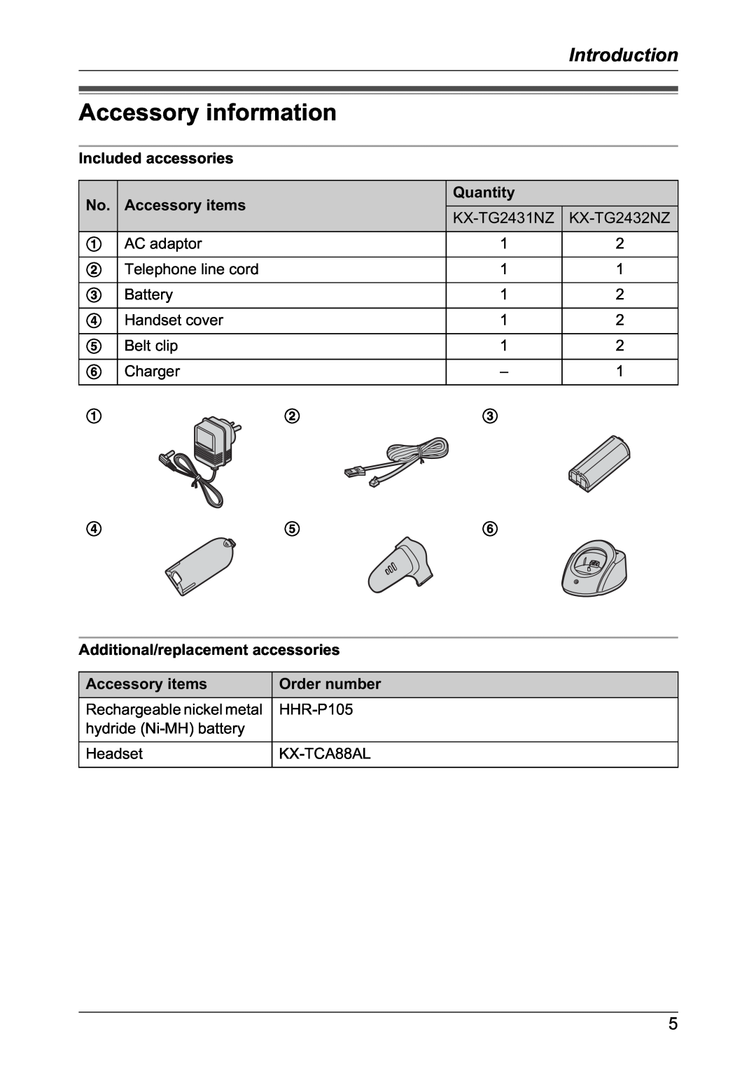 Panasonic KX-TG2432NZ Accessory information, Included accessories, Accessory items, Quantity, Order number, Introduction 