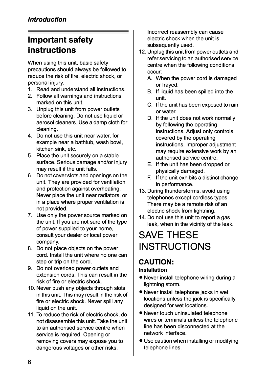 Panasonic KX-TG2431NZ, KX-TG2432NZ Important safety instructions, Installation, Save These Instructions, Introduction 