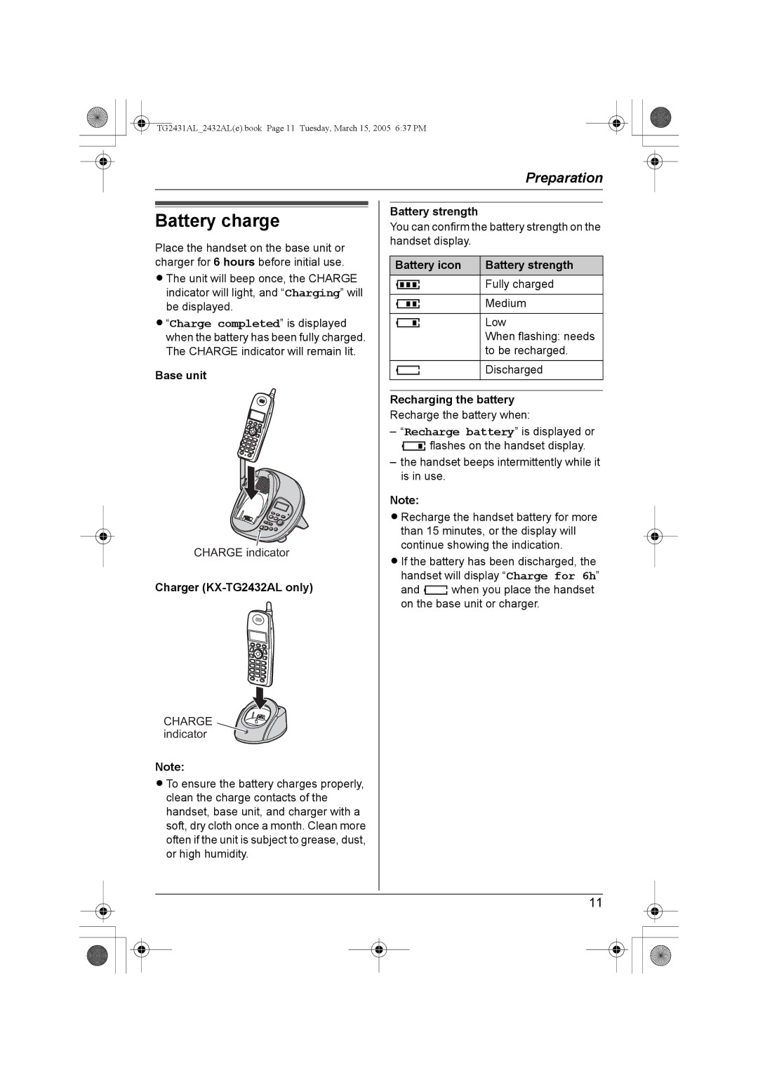 Panasonic KX-TG2431AL, KX-TG2432AL Battery charge, Battery icon Battery strength, Recharging the battery 