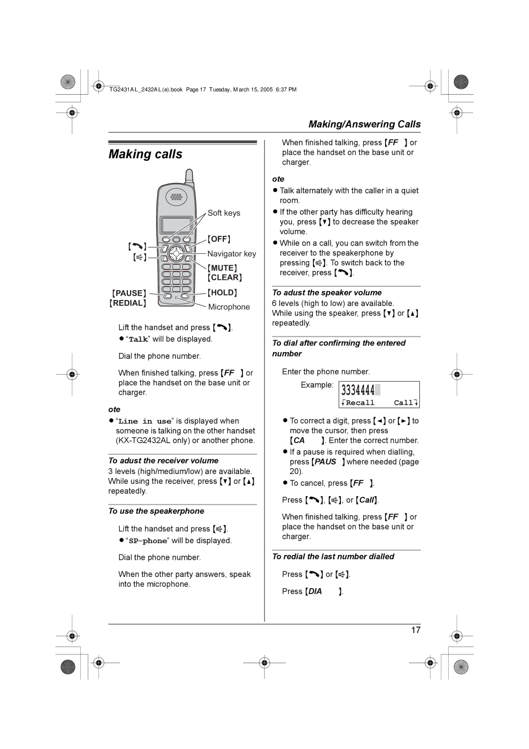 Panasonic KX-TG2431AL, KX-TG2432AL operating instructions Making calls, KRecall CallL 