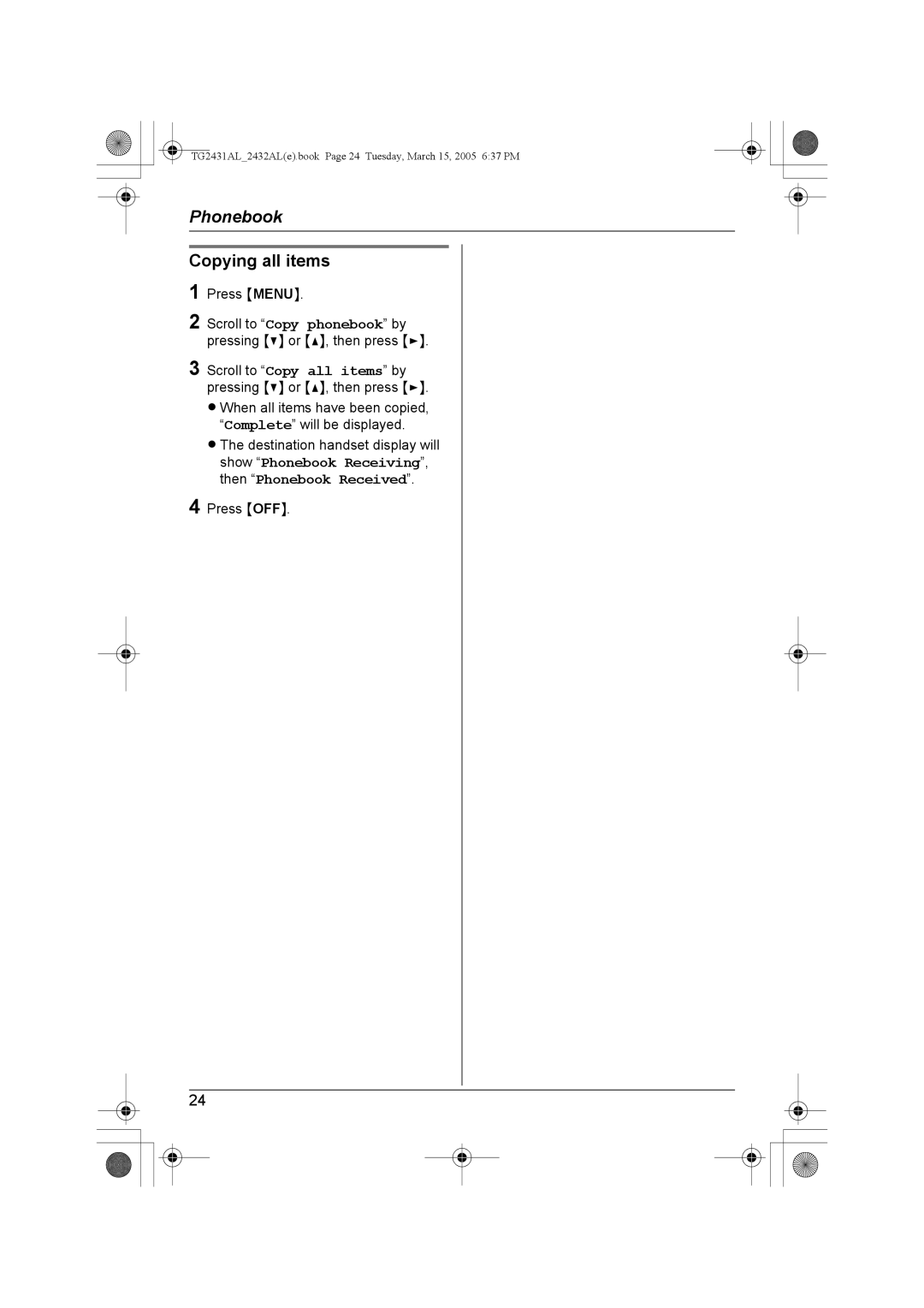 Panasonic KX-TG2432AL, KX-TG2431AL operating instructions TG2431AL2432ALe.book Page 24 Tuesday, March 15, 2005 637 PM 