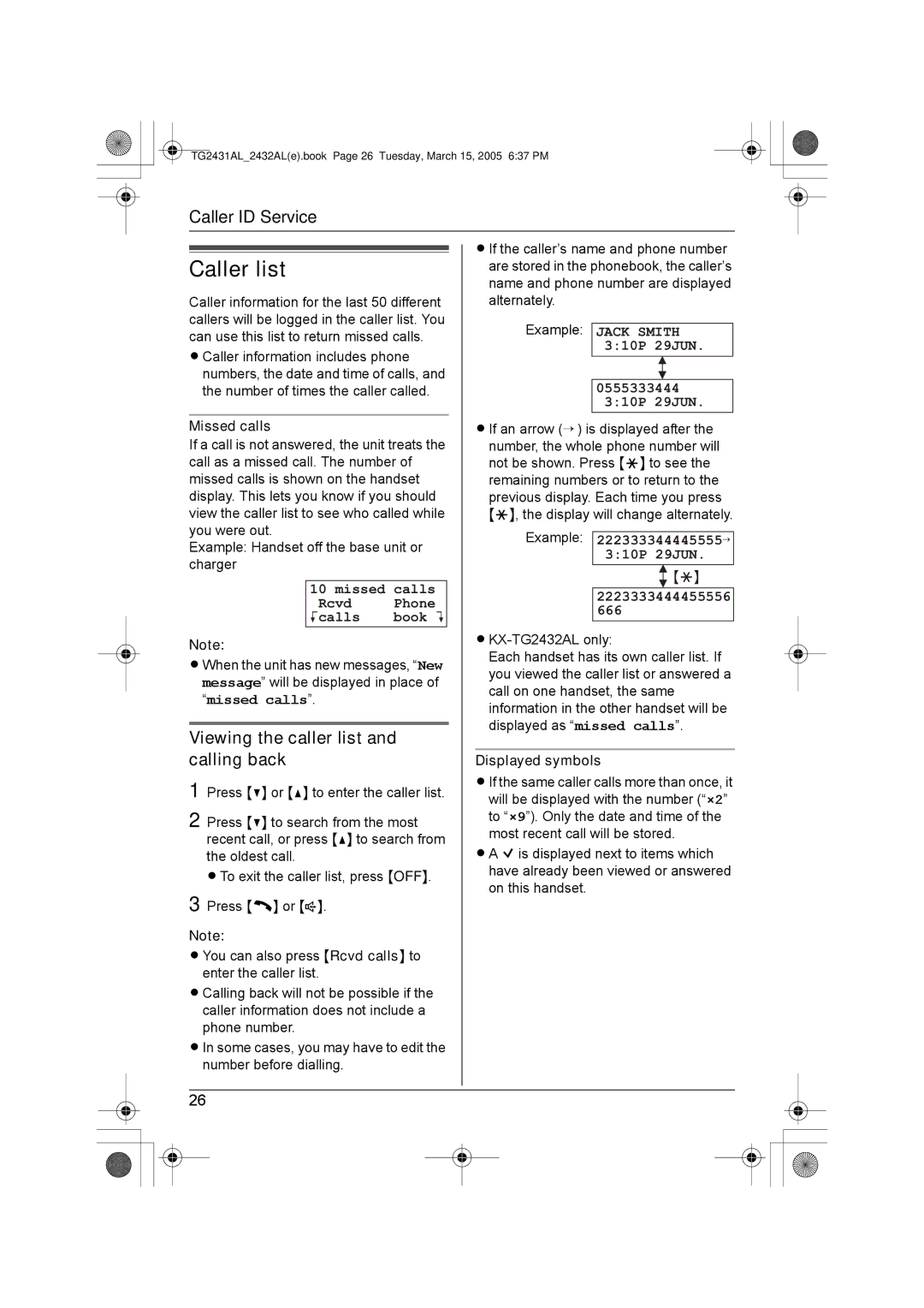 Panasonic KX-TG2432AL Caller list, Viewing the caller list and calling back, Missed Calls Rcvd Phone Kcalls Book L 
