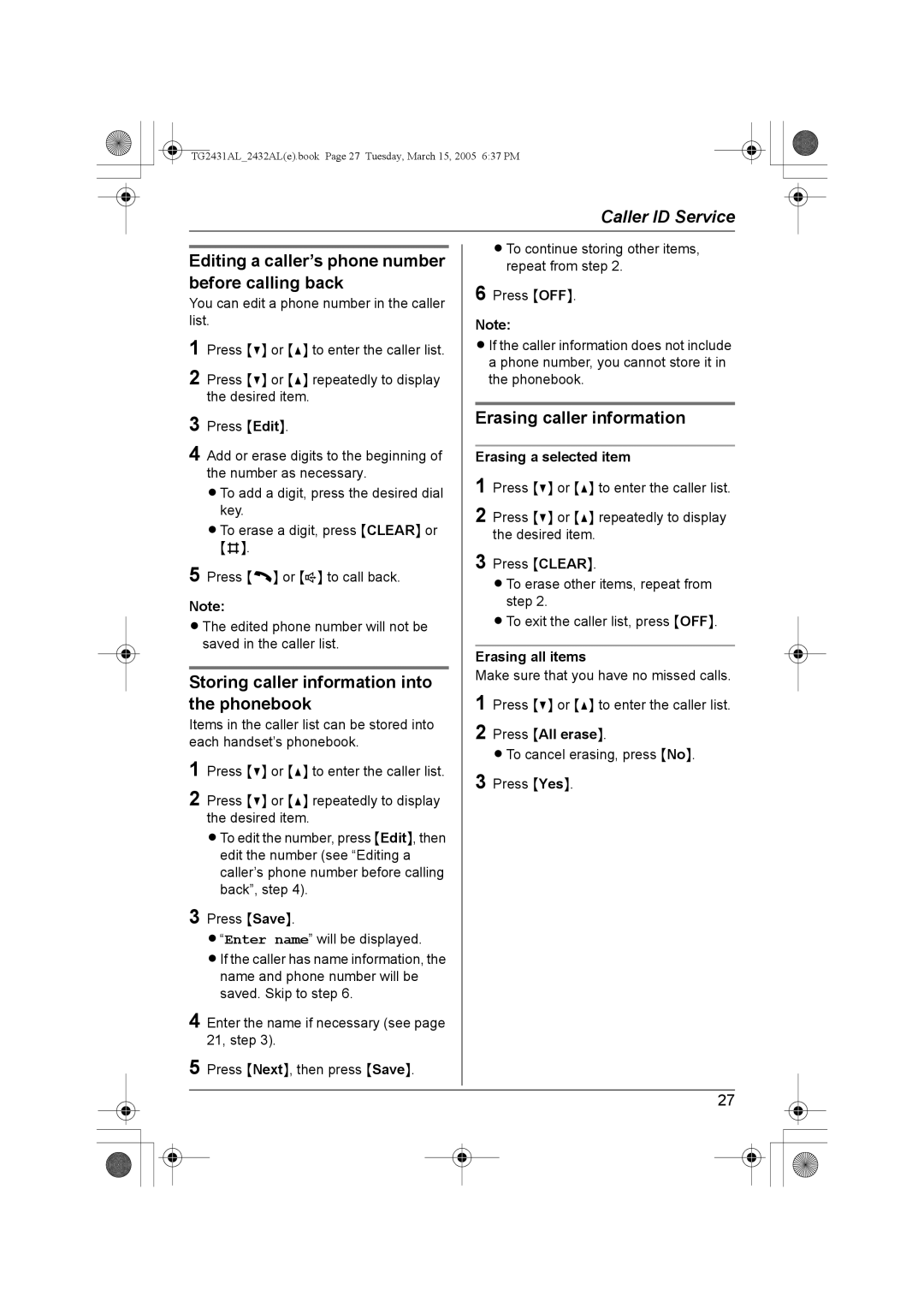 Panasonic KX-TG2431AL Before calling back, Erasing caller information, Storing caller information into, Phonebook 