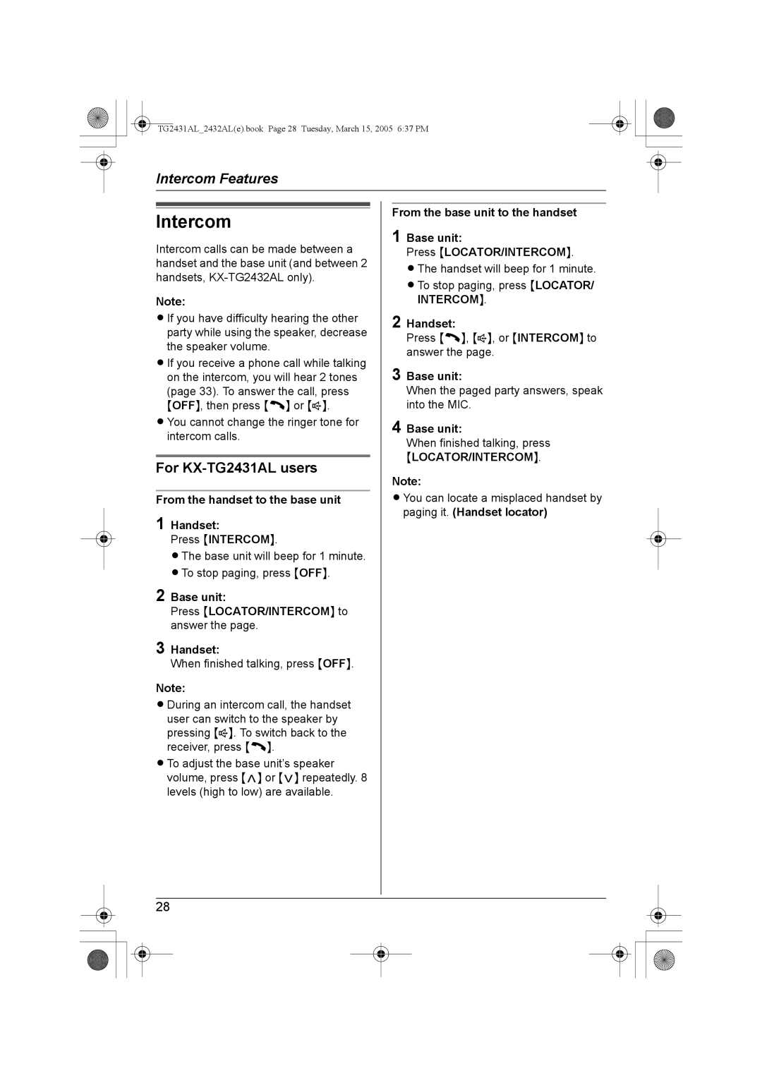 Panasonic KX-TG2432AL operating instructions Intercom, For KX-TG2431AL users, From the handset to the base unit Handset 