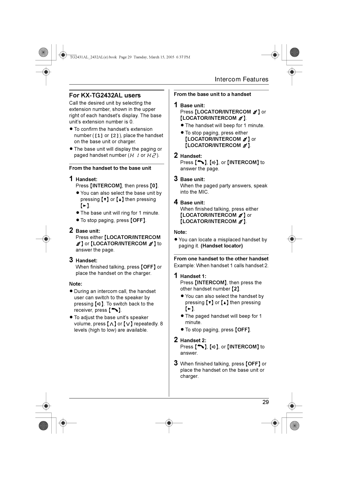 Panasonic KX-TG2431AL operating instructions For KX-TG2432AL users, From one handset to the other handset 