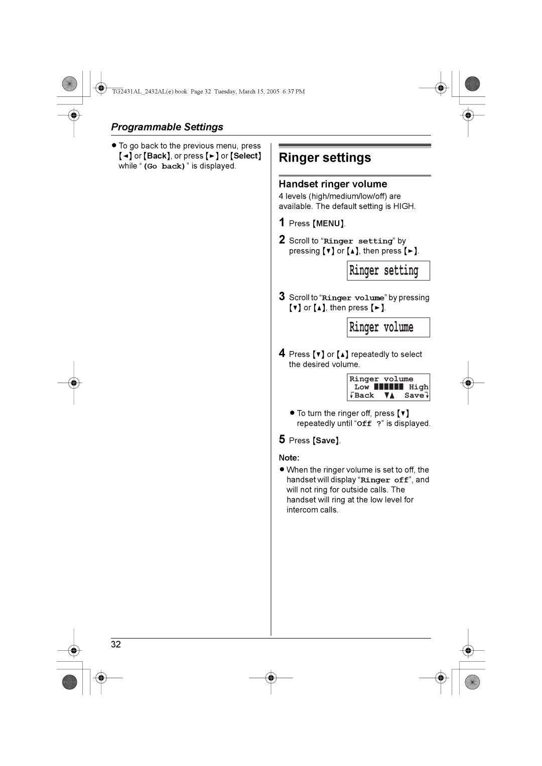 Panasonic KX-TG2432AL, KX-TG2431AL Ringer settings, Handset ringer volume, Ringer volume Low High KBack dB SaveL 