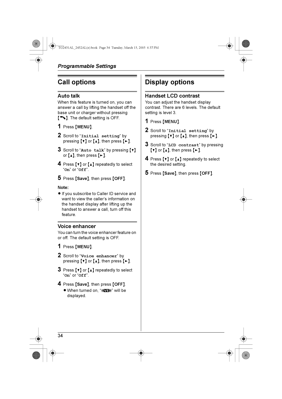 Panasonic KX-TG2432AL, KX-TG2431AL operating instructions Call options, Display options, Auto talk, Handset LCD contrast 