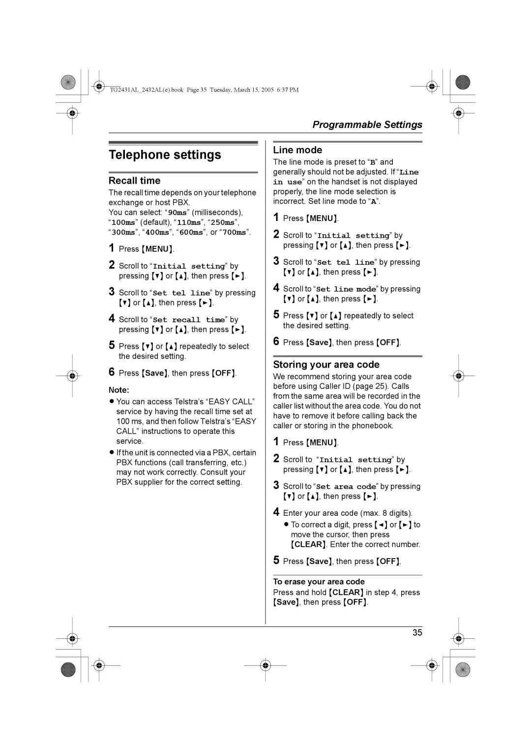 Panasonic KX-TG2431AL Telephone settings, Recall time, Line mode, Storing your area code, To erase your area code 