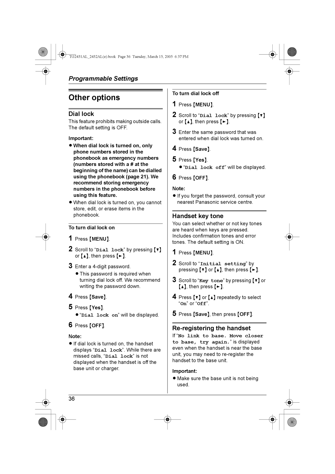 Panasonic KX-TG2432AL, KX-TG2431AL Other options, Dial lock, Handset key tone, Re-registering the handset 