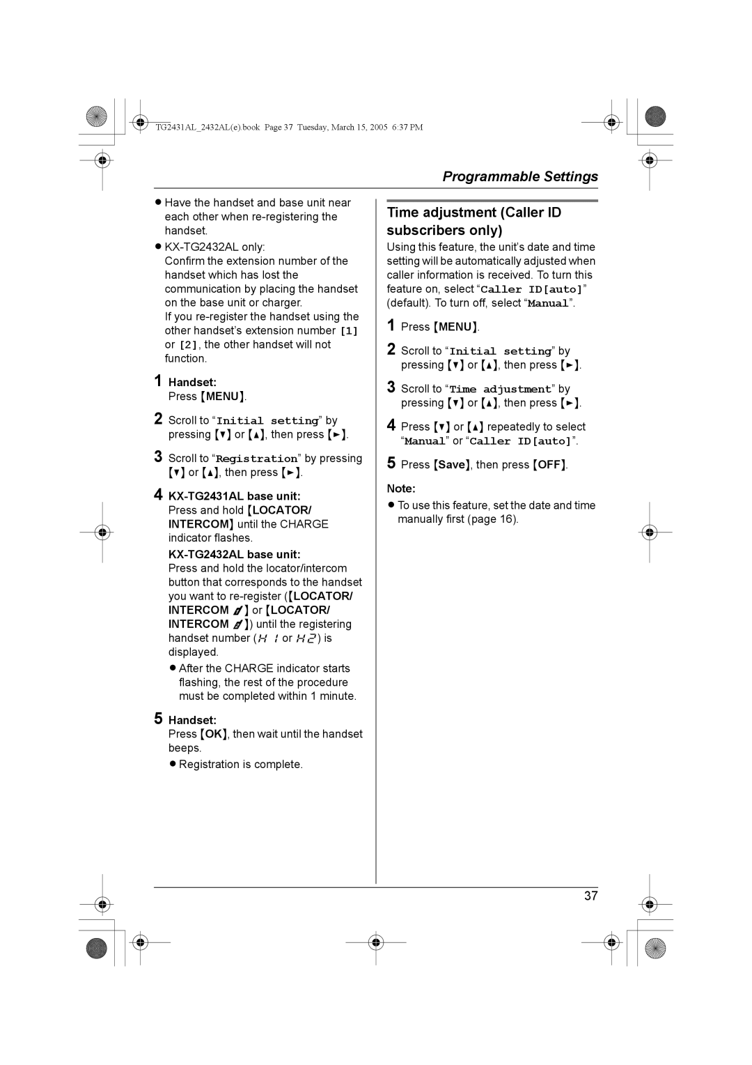 Panasonic KX-TG2431AL, KX-TG2432AL operating instructions Time adjustment Caller ID subscribers only, Handset 