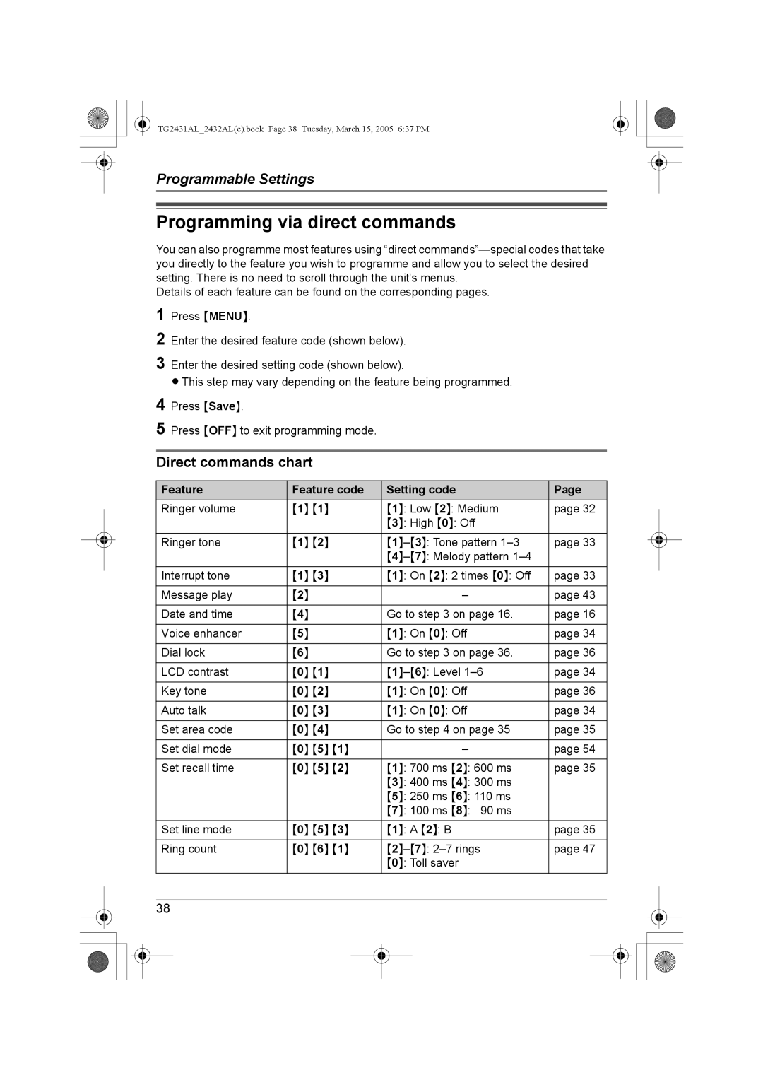 Panasonic KX-TG2432AL Programming via direct commands, Direct commands chart, Feature Feature code Setting code 