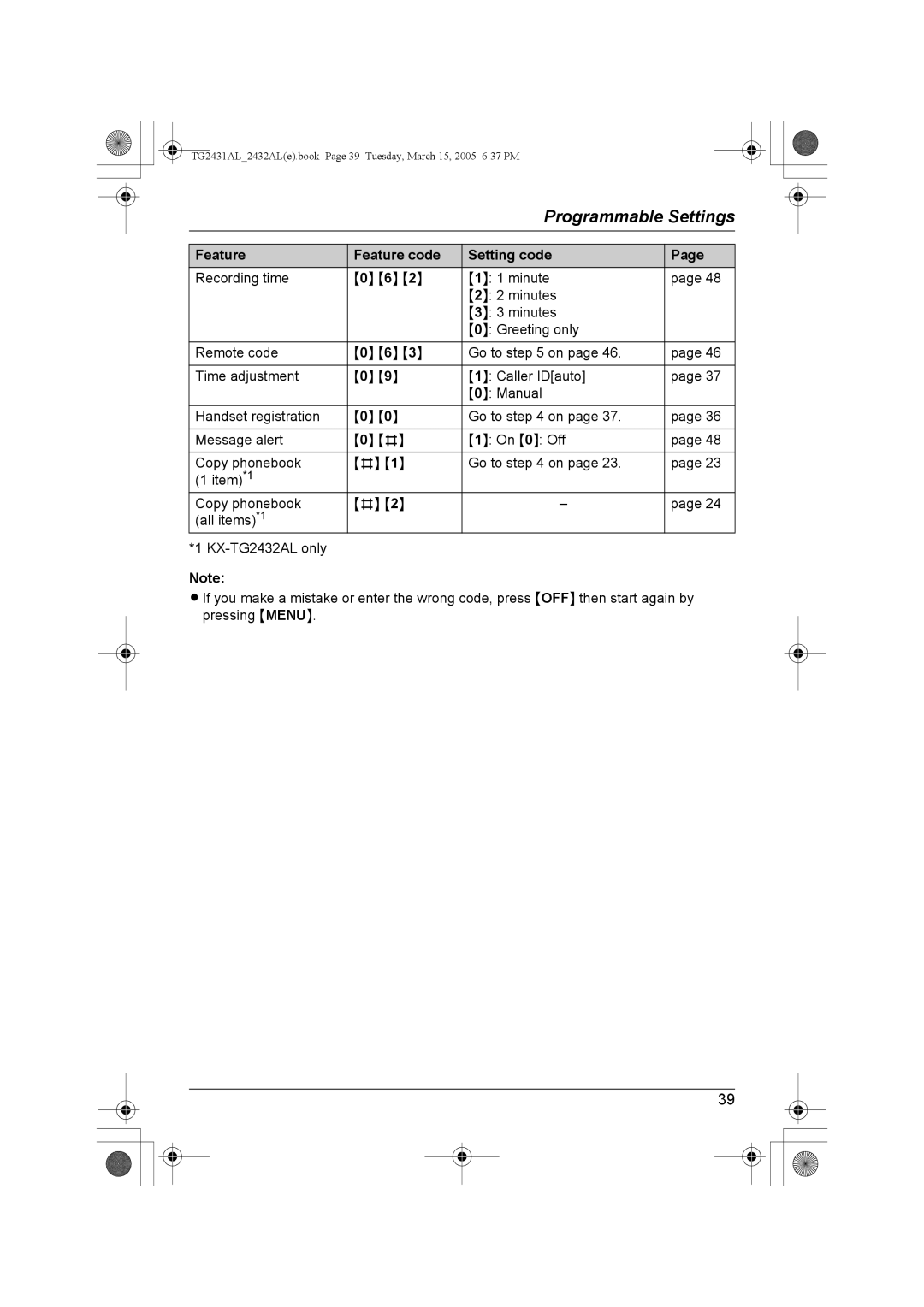 Panasonic KX-TG2431AL, KX-TG2432AL operating instructions TG2431AL2432ALe.book Page 39 Tuesday, March 15, 2005 637 PM 