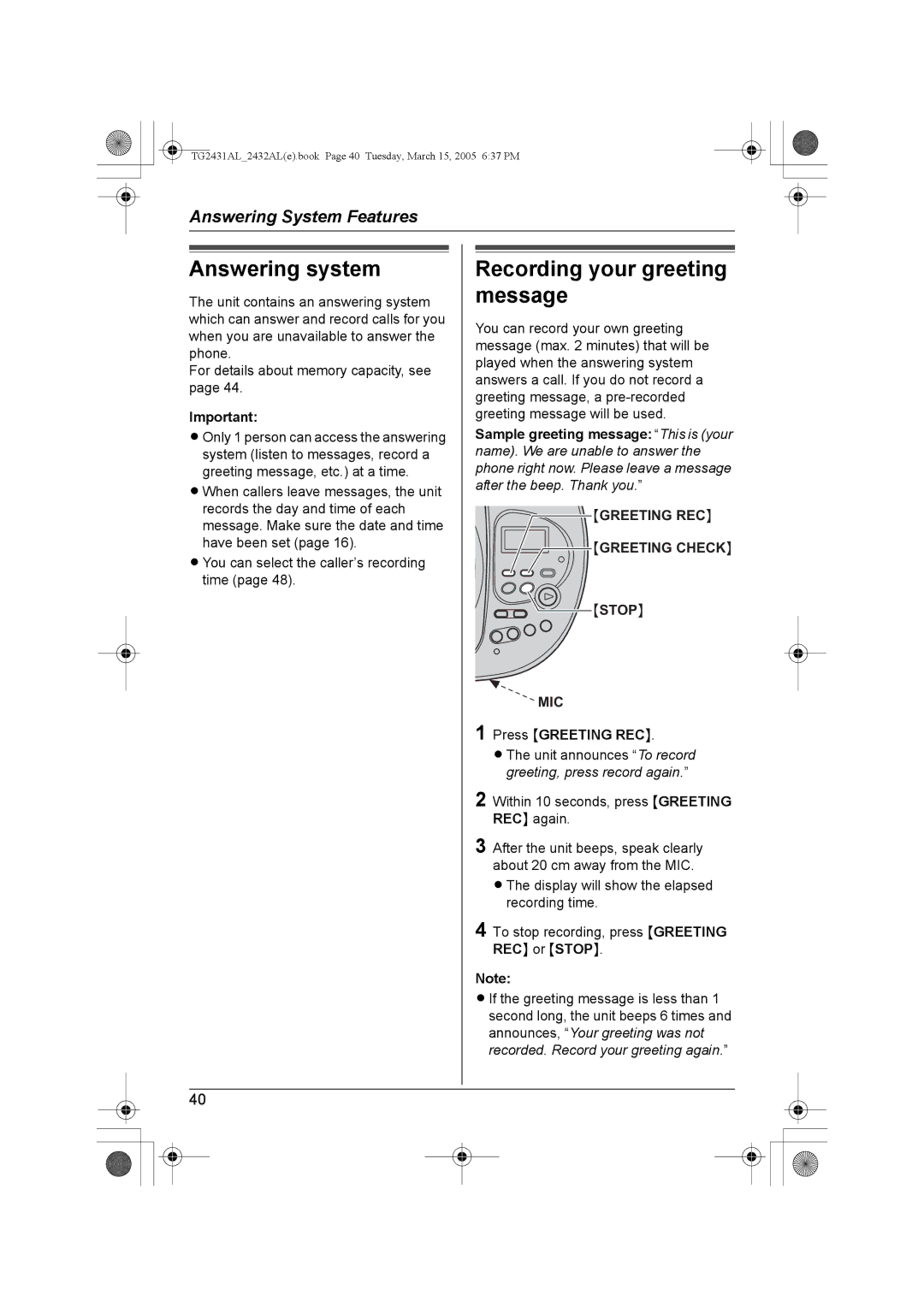 Panasonic KX-TG2432AL, KX-TG2431AL operating instructions Answering system 