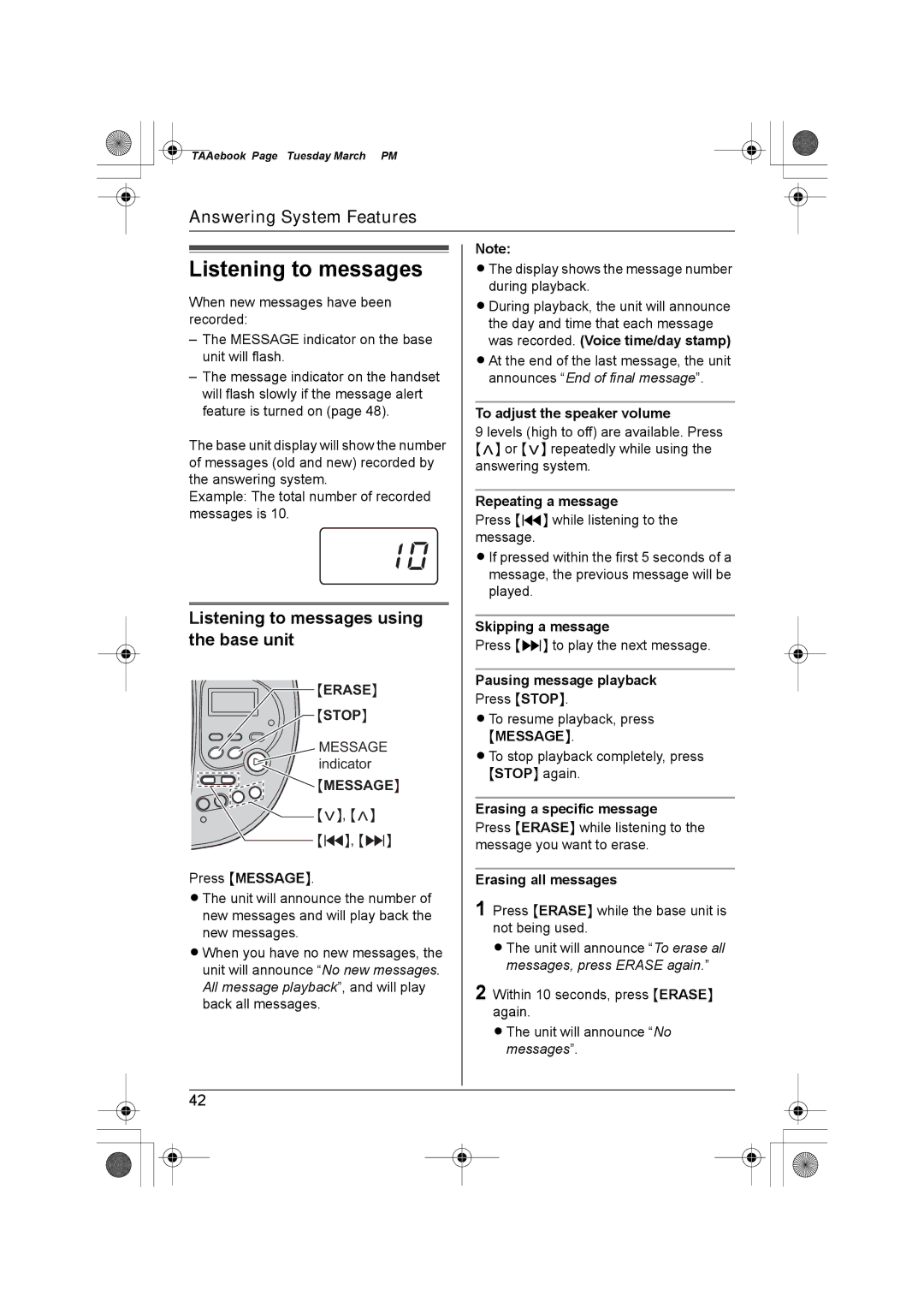 Panasonic KX-TG2432AL, KX-TG2431AL operating instructions Listening to messages using the base unit 