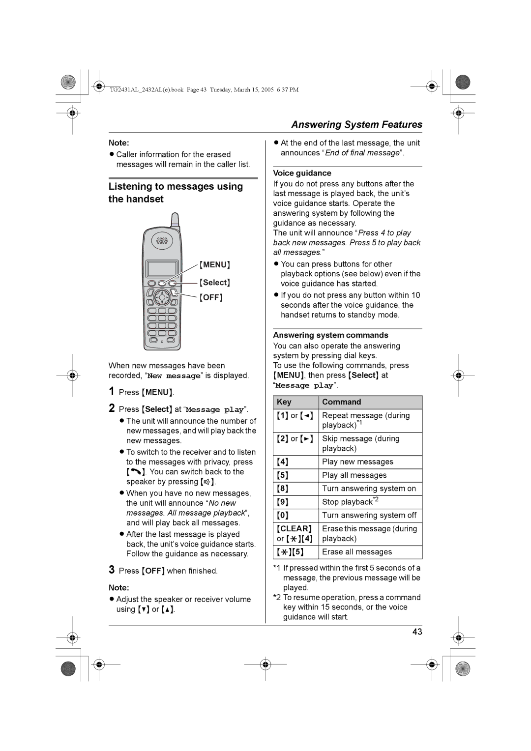 Panasonic KX-TG2431AL Listening to messages using the handset, Select OFF, Voice guidance, Answering system commands 