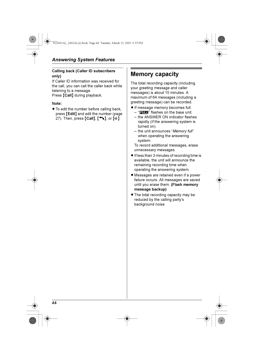 Panasonic KX-TG2432AL, KX-TG2431AL operating instructions Memory capacity, Calling back Caller ID subscribers only 