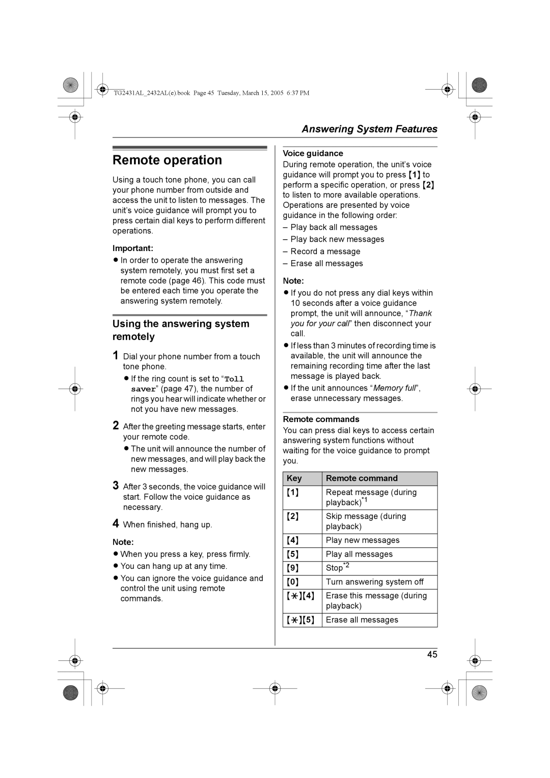 Panasonic KX-TG2431AL Remote operation, Using the answering system remotely, Remote commands, Key Remote command 