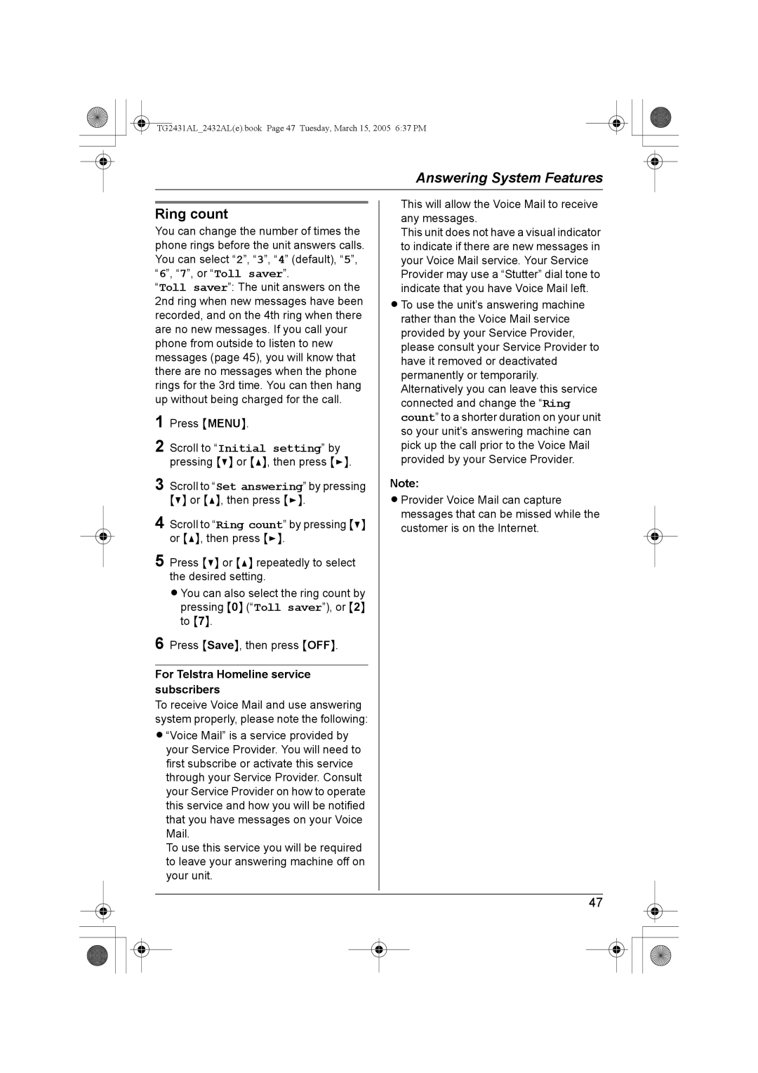 Panasonic KX-TG2431AL, KX-TG2432AL operating instructions Ring count, For Telstra Homeline service subscribers 