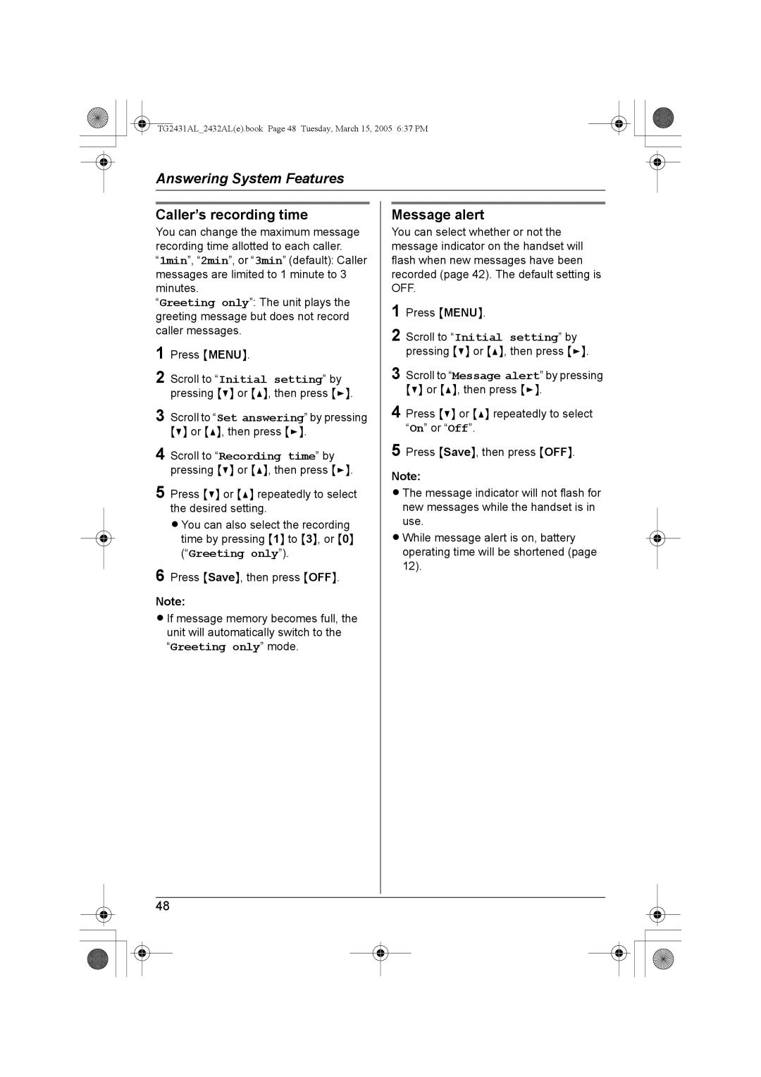 Panasonic KX-TG2432AL, KX-TG2431AL operating instructions Caller’s recording time, Message alert 