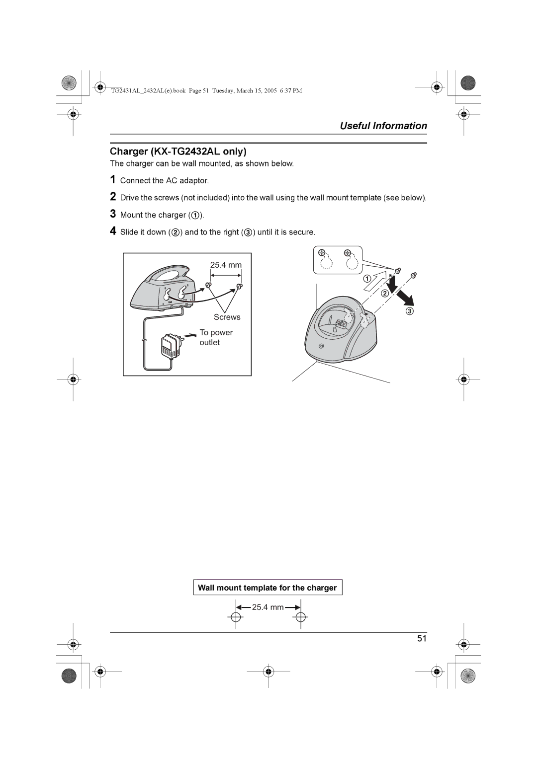 Panasonic KX-TG2431AL operating instructions Charger KX-TG2432AL only, Wall mount template for the charger 