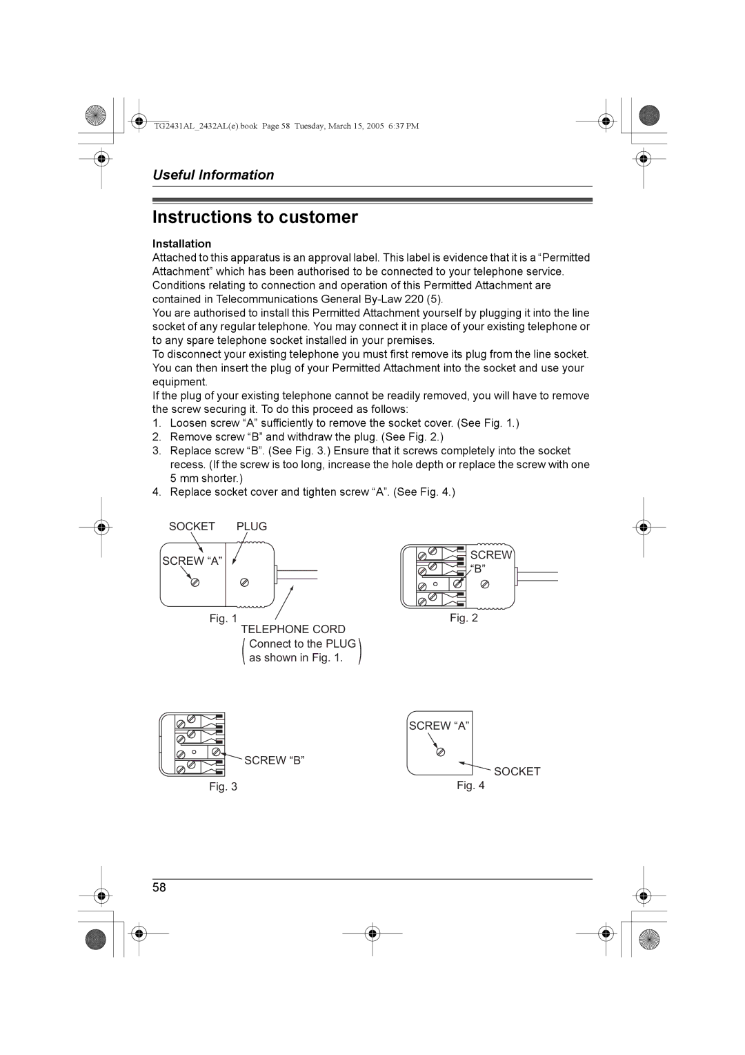 Panasonic KX-TG2432AL, KX-TG2431AL operating instructions Instructions to customer, Installation 