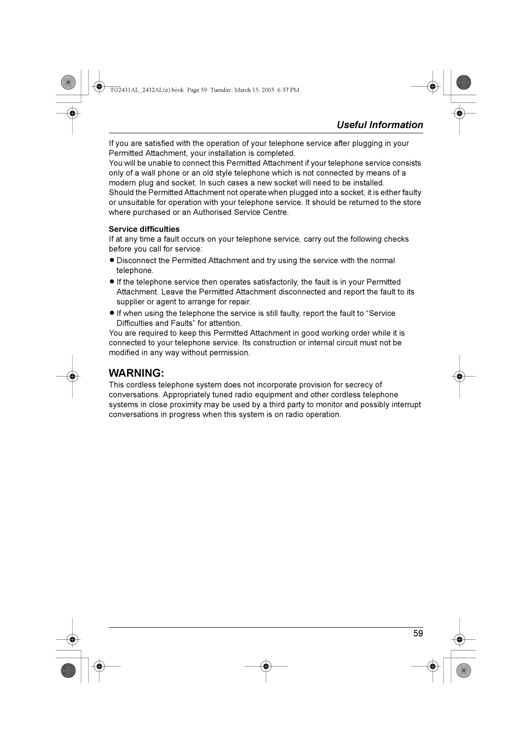 Panasonic KX-TG2431AL, KX-TG2432AL operating instructions Service difficulties 