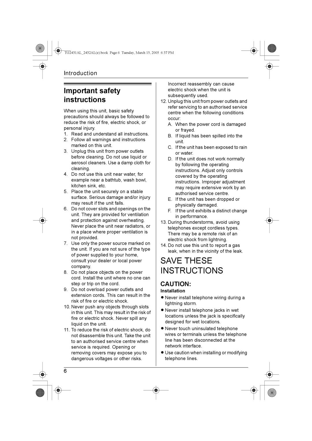 Panasonic KX-TG2432AL, KX-TG2431AL operating instructions Important safety instructions, Installation 