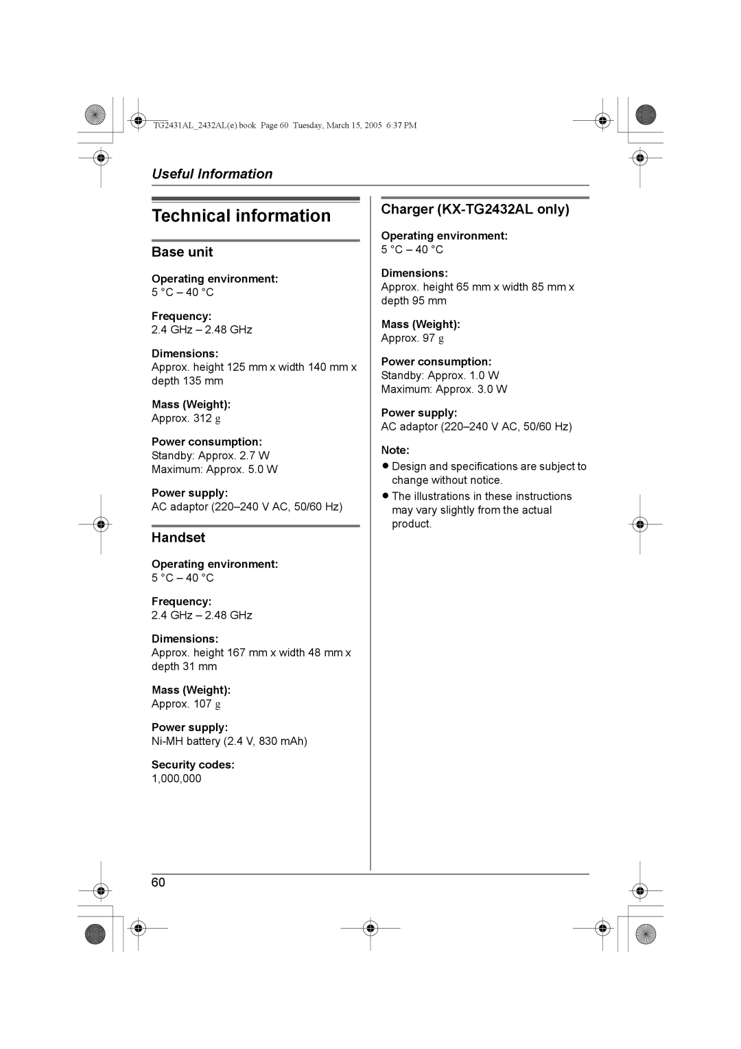 Panasonic KX-TG2432AL, KX-TG2431AL operating instructions Technical information, Handset 