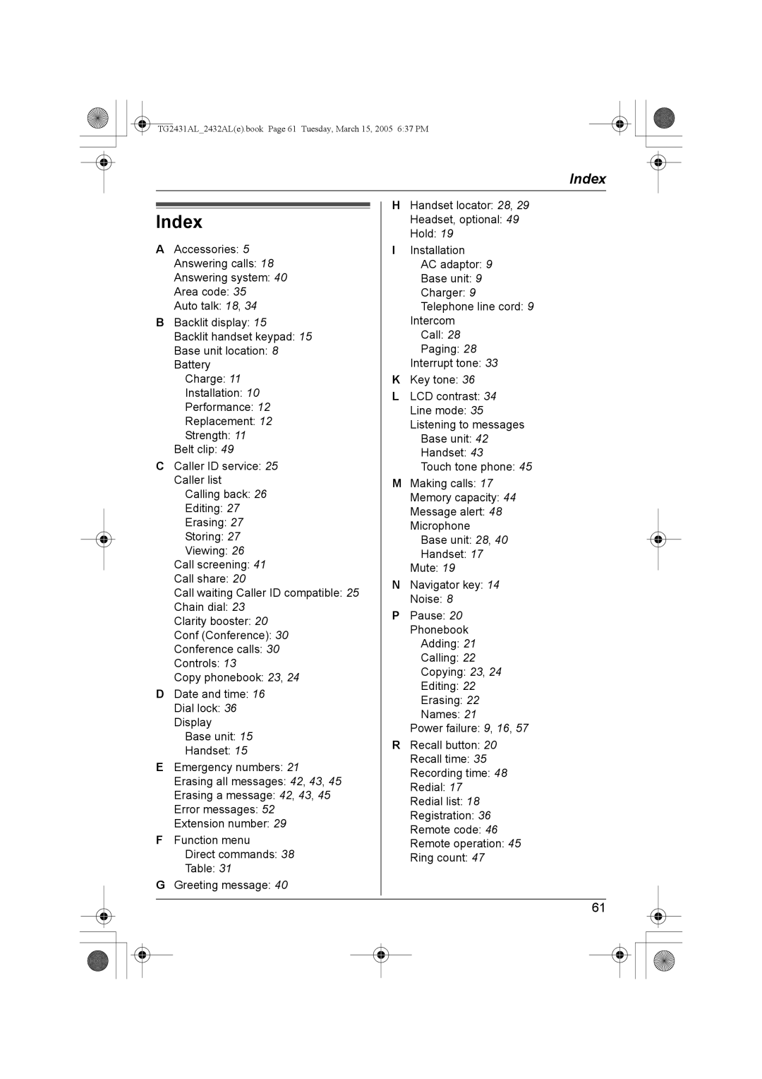 Panasonic KX-TG2431AL, KX-TG2432AL operating instructions Index 