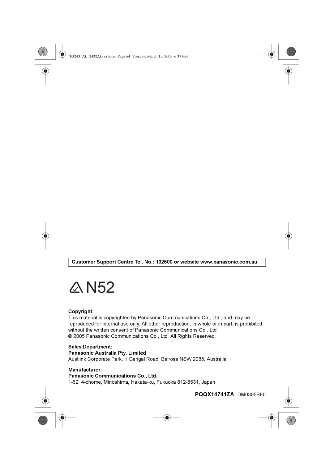 Panasonic KX-TG2432AL, KX-TG2431AL Copyright Sales Department Panasonic Australia Pty. Limited, Manufacturer 