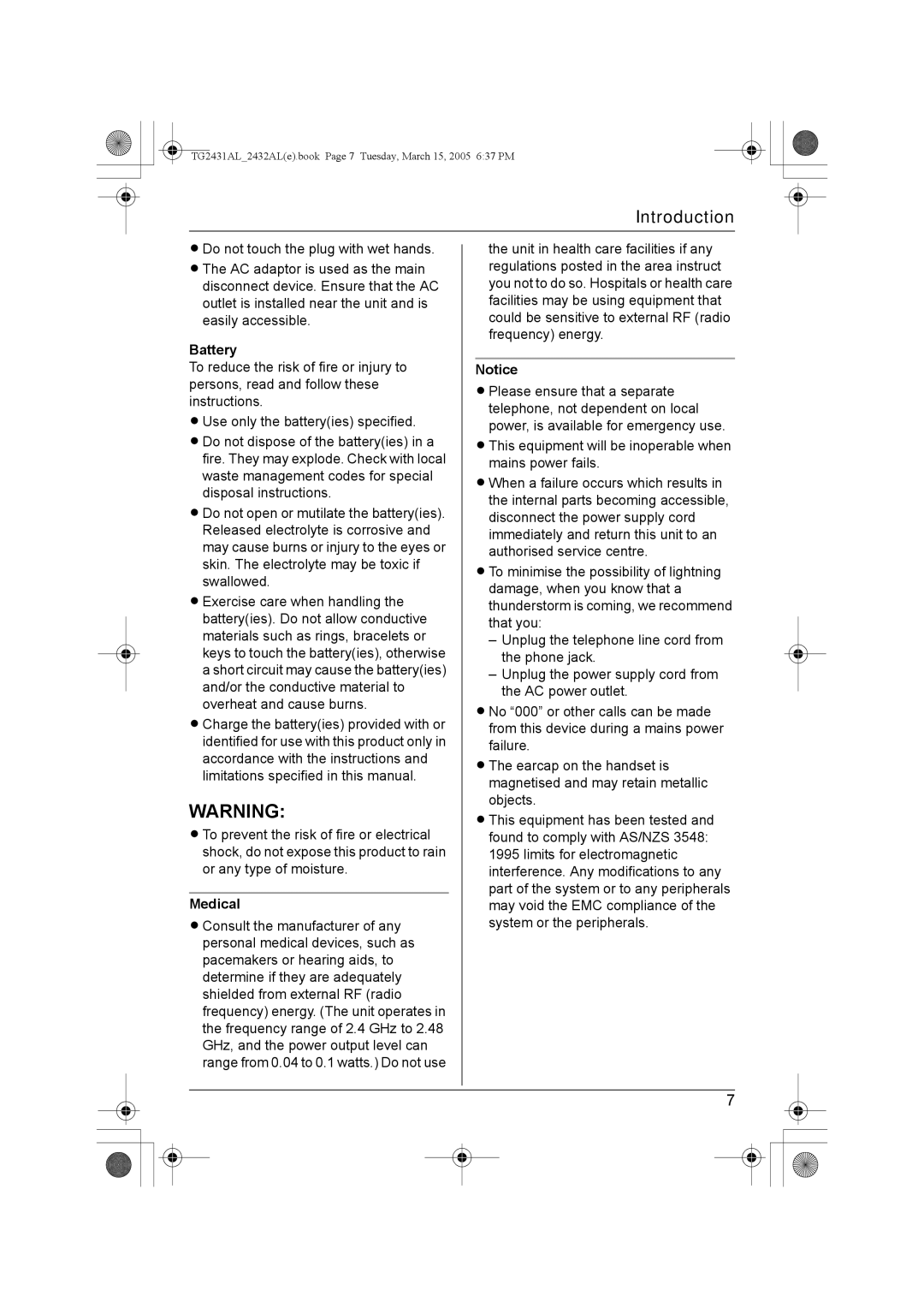 Panasonic KX-TG2431AL, KX-TG2432AL operating instructions Battery, Medical 