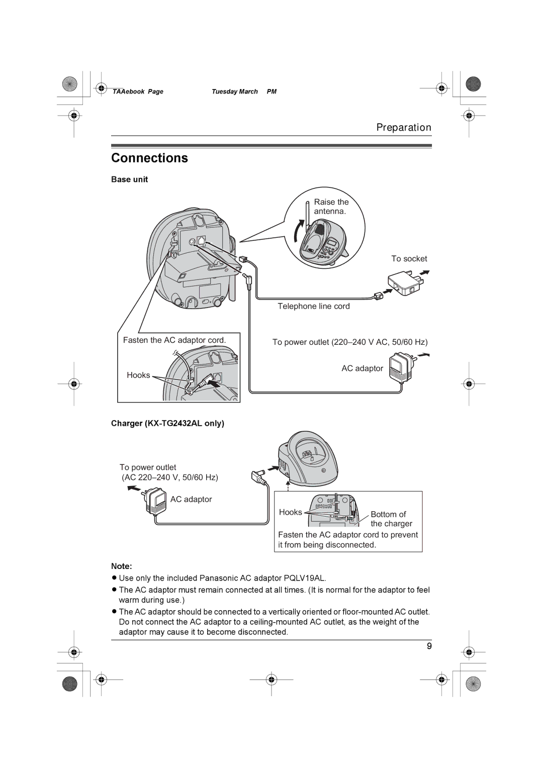 Panasonic KX-TG2431AL operating instructions Connections, Base unit, Charger KX-TG2432AL only 