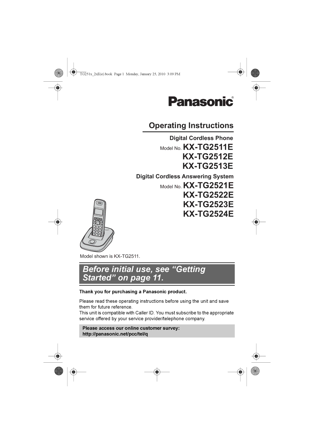 Panasonic KX-TG2524E, KX-TG2523E, KX-TG2521E, KX-TG2522E operating instructions Before initial use, see Getting Started on 