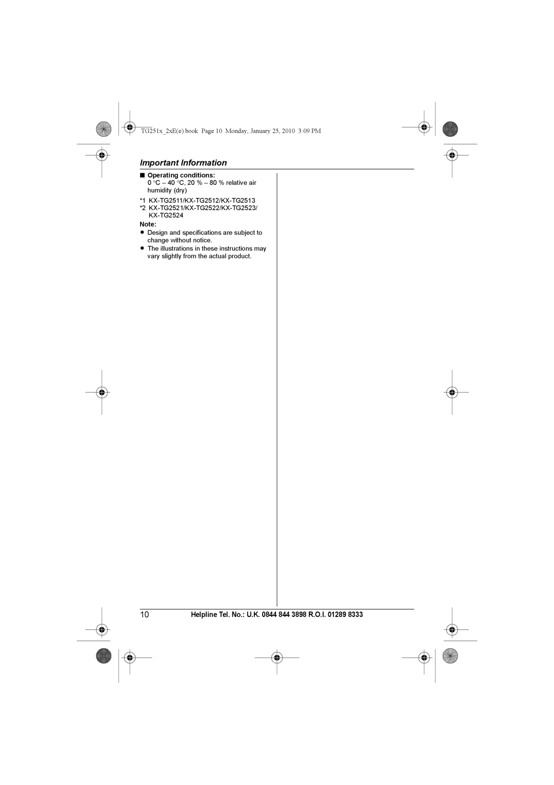 Panasonic KX-TG2521E, KX-TG2523E, KX-TG2524E, KX-TG2522E operating instructions Operating conditions 