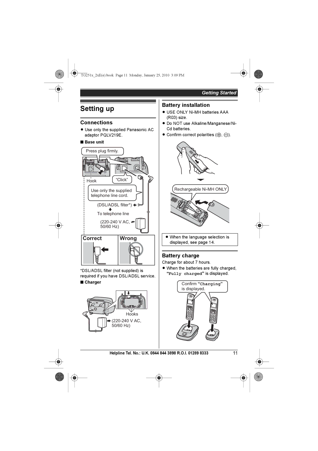 Panasonic KX-TG2522E, KX-TG2523E, KX-TG2524E Setting up, Connections, Correct Wrong, Battery installation, Battery charge 