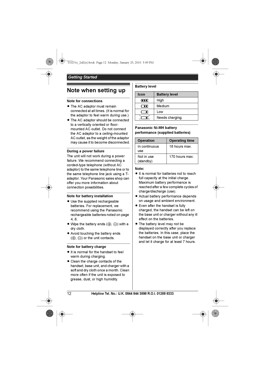 Panasonic KX-TG2523E, KX-TG2524E, KX-TG2521E During a power failure, Battery level Icon, Operation Operating time 